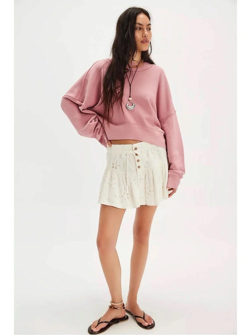 Free People Oversized Boxy Hi Lo Pullover Sweatshirt Mauve Blossom Small NWT